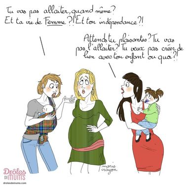 Illustration humoristique de deux femmes portant leur enfant qui s'adressent à une femme enceinte sur la question "allaiter ou pas"