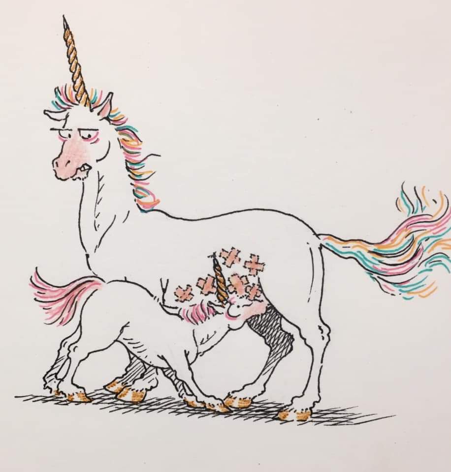 Illustration montrant une licorne allaitant un bébé licorne