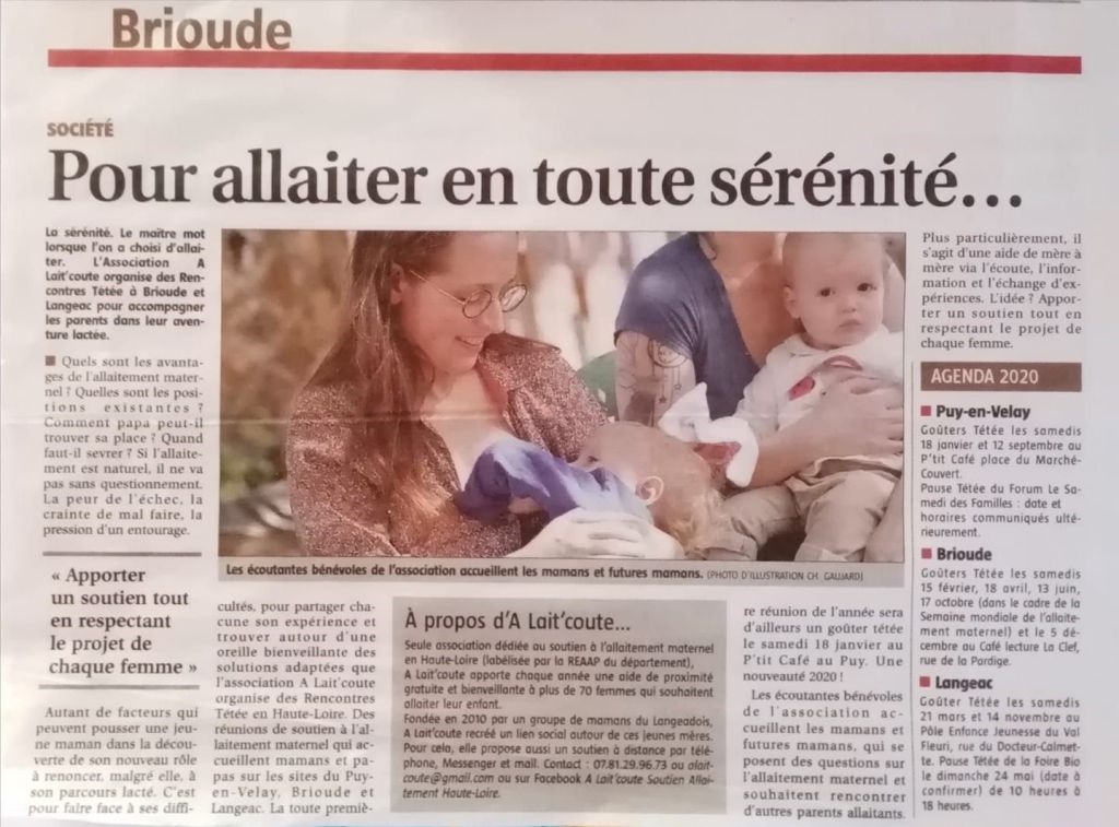 Photo de l'article paru dans le journal brivadois La Ruche du 10 janvier 2020 sur l'association A Lait'coute
