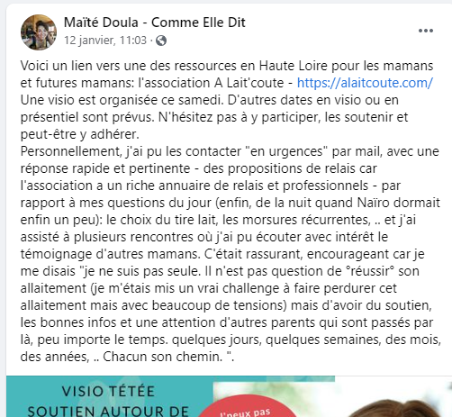 Voeux 2021 de l'association A Lait'coute pour allaiter en Haute-Loire Témoignage de Maïté sur le Soutien d'A Lait'coute pour Allaiter