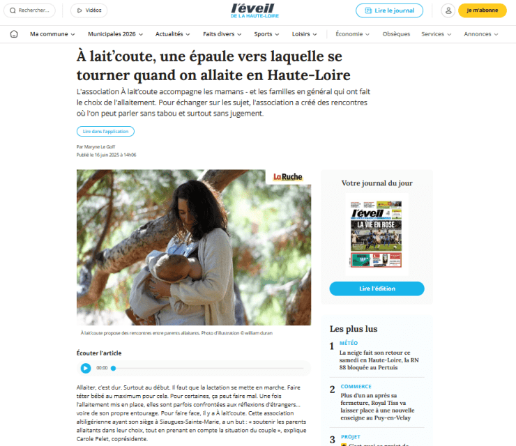 Article sur A Lait'coute paru dans leveil.fr en juin 2025